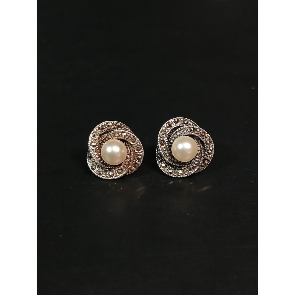 Sterling Silver 925 Art Deco Marcasite & Faux Pearl Swirl Stud Earrings